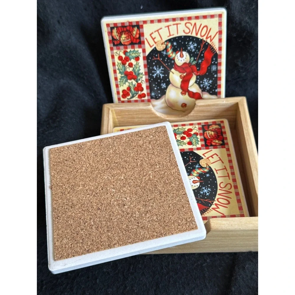 Let It Snow Snowman Ceramic Coaster Set with Wood Holder 5 Piece Christmas Decor